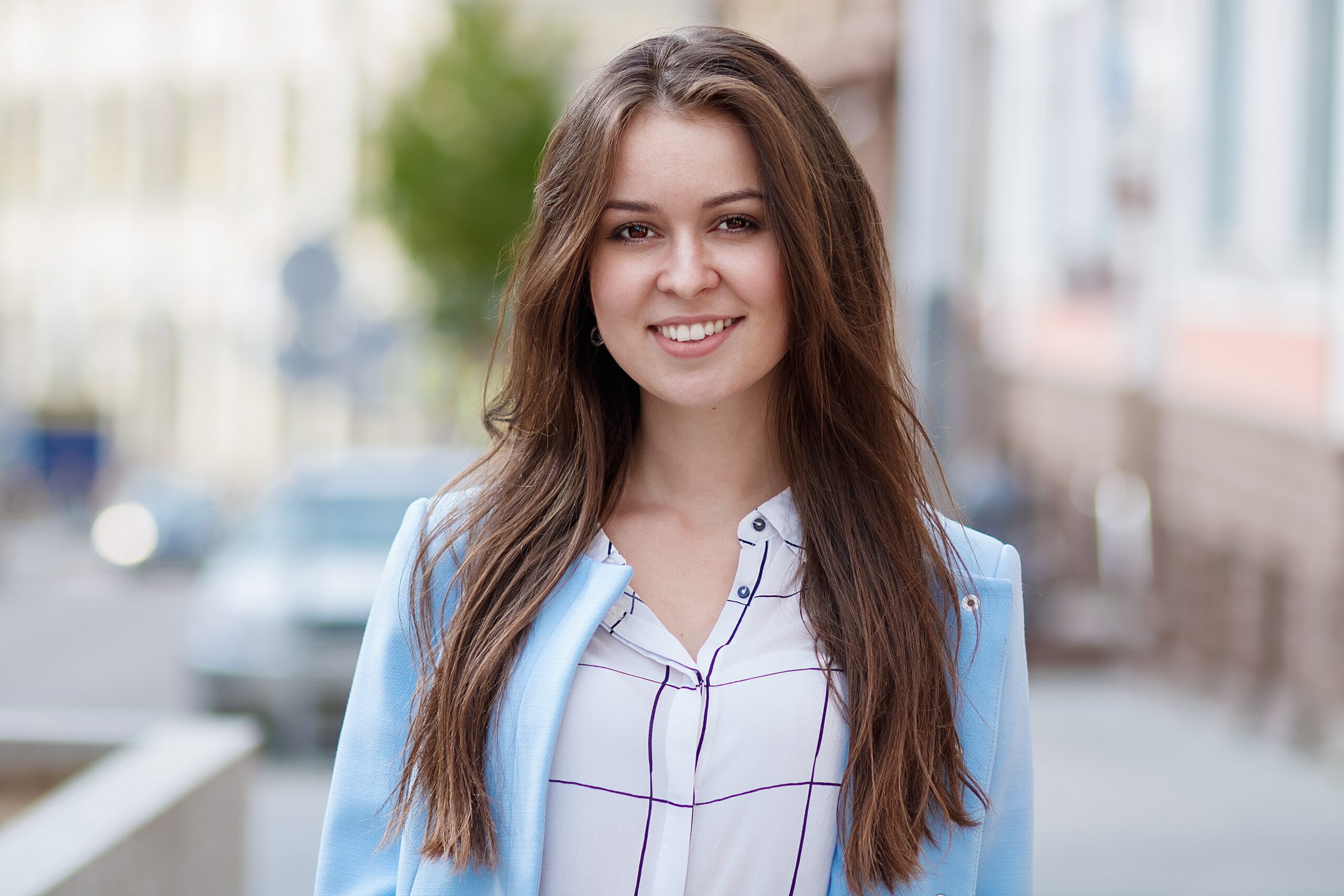 Photo of a beautiful brunette in a blue jacket (Beauty and Fashion) portrait,girl,woman,cute,female